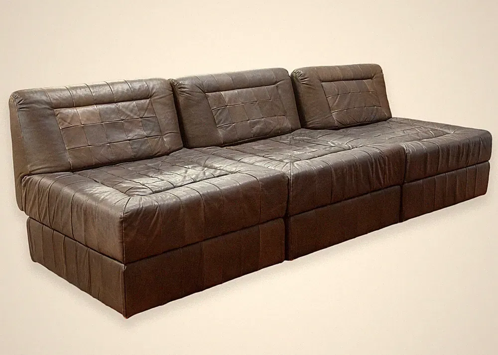 Vintage 1960s Percival Lafer MP145 Modular Brown Leather 3pc Sectional Sofa