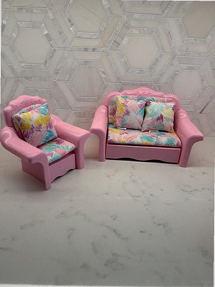 Vintage 1987 Barbie Sweet Roses Sofa Bed & Armchair Set Mattel Furniture Pillows
