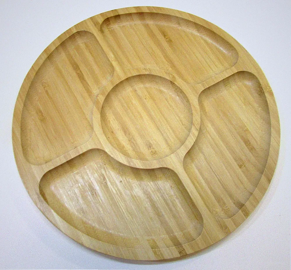 Vintage 1990s 10" dia Bamboo Wood Shallow 1/2" Five Section Divided Serving Tray