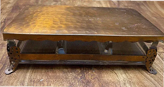 Vintage 3 Section Glass BOX HAMMERED COPPER LID Frame Cigarettes Arts & Crafts