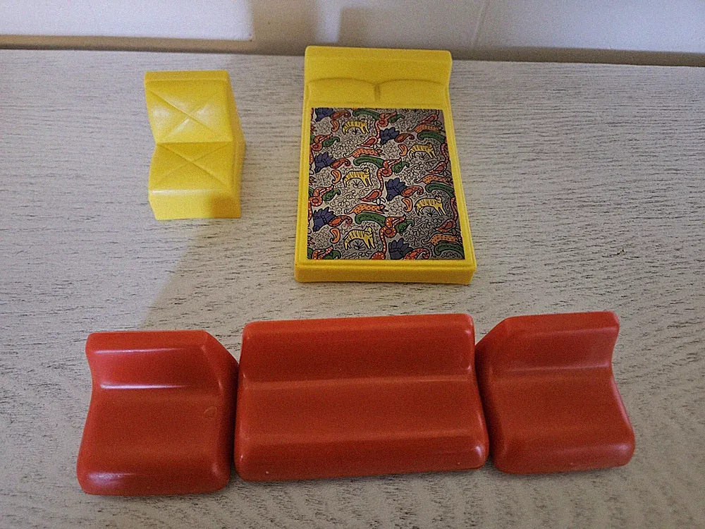 Vintage 70s Plastic Small Doll Furniture Bed Chair Couch Sectional Yellow Red
