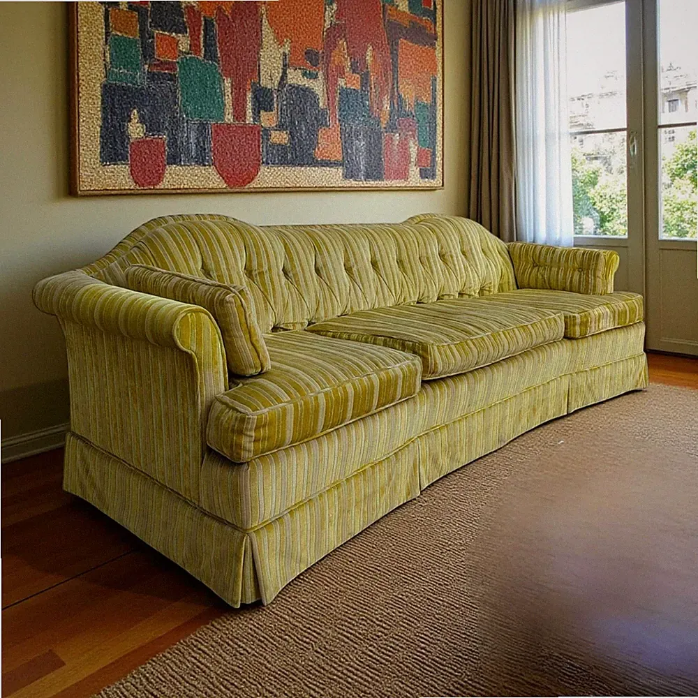 Vintage 96in Mustard Striped Tufted Sofa Hollywood Regency Curved Back