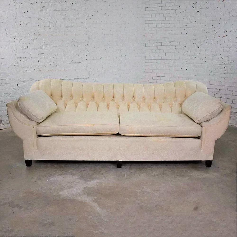 Vintage Art Deco Hollywood Regency Sofa with Tufted Back and Concave Pillowed Ar