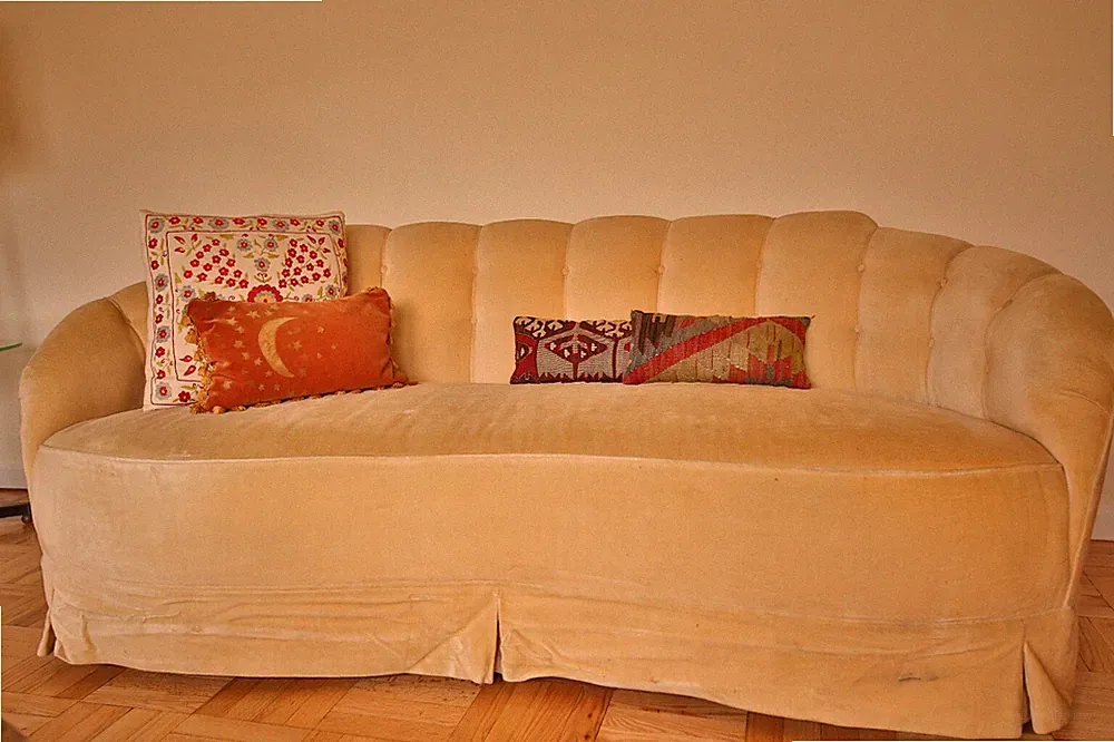 Vintage Art Deco Hollywood Regency Tufted Beige Curvey Sofa
