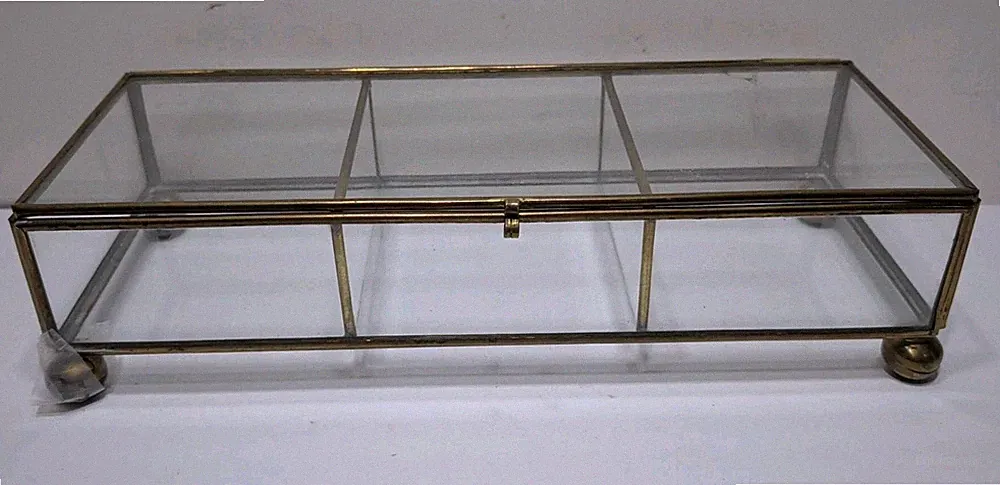 ✨VINTAGE✨ Brass & Clear Glass Divided 3 Section Trinket Box Ball Feet 10"L