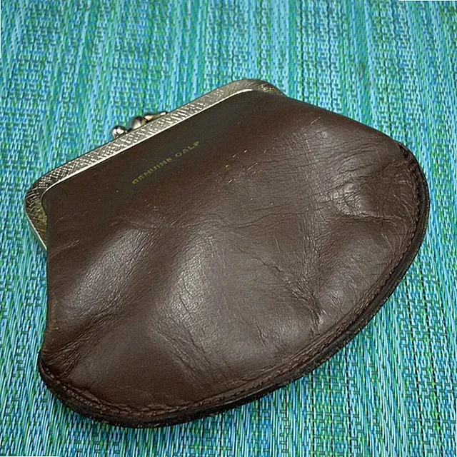 Vintage Brown Leather Coin Purse Change Pouch Kiss Lock 2 Sections Wallet