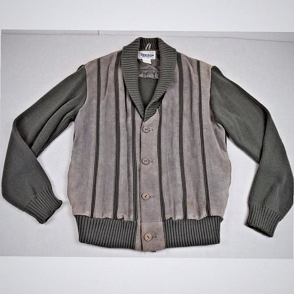 Vintage Cardigan Sweater Repage Size M 80s Slate Gray Leather Sectional Front