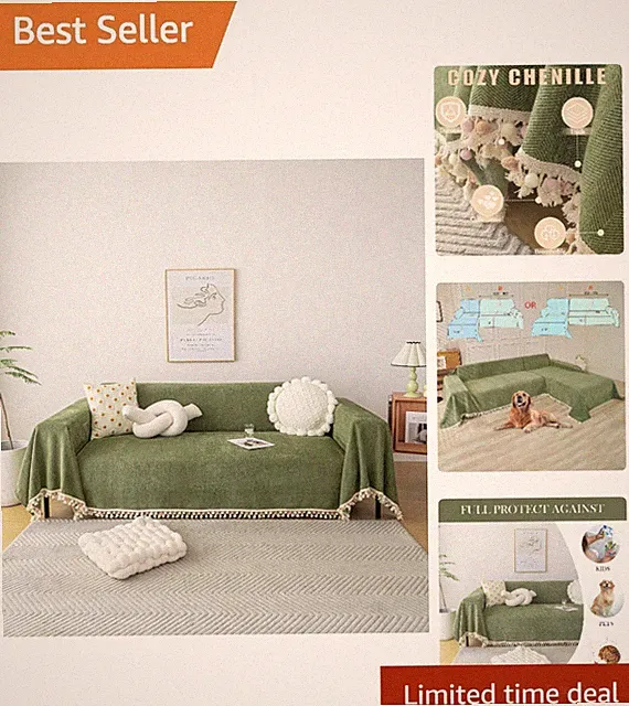 Vintage Chenille Couch Cover for Dogs - 91"x150" Elegant Herringbone Design