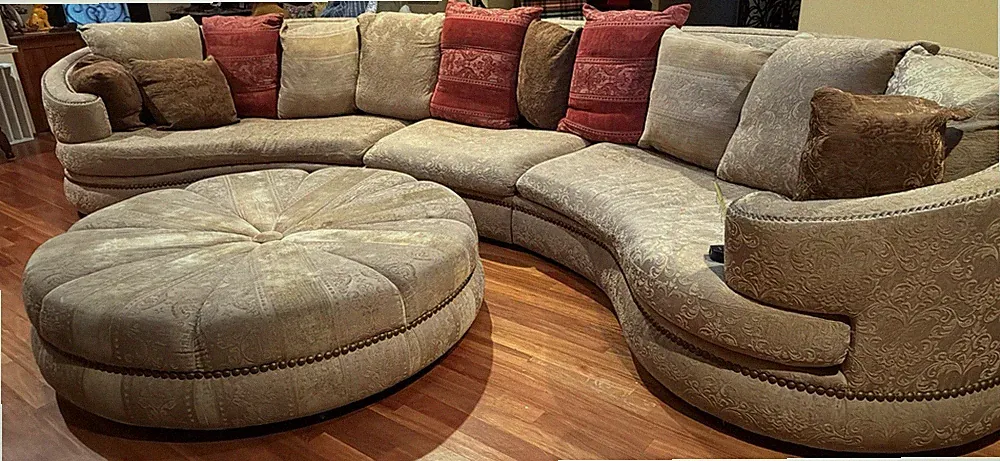 Vintage Custom Curved Sectional Sofa & Ottoman Embossed Fabric w/ Nailhead Trim