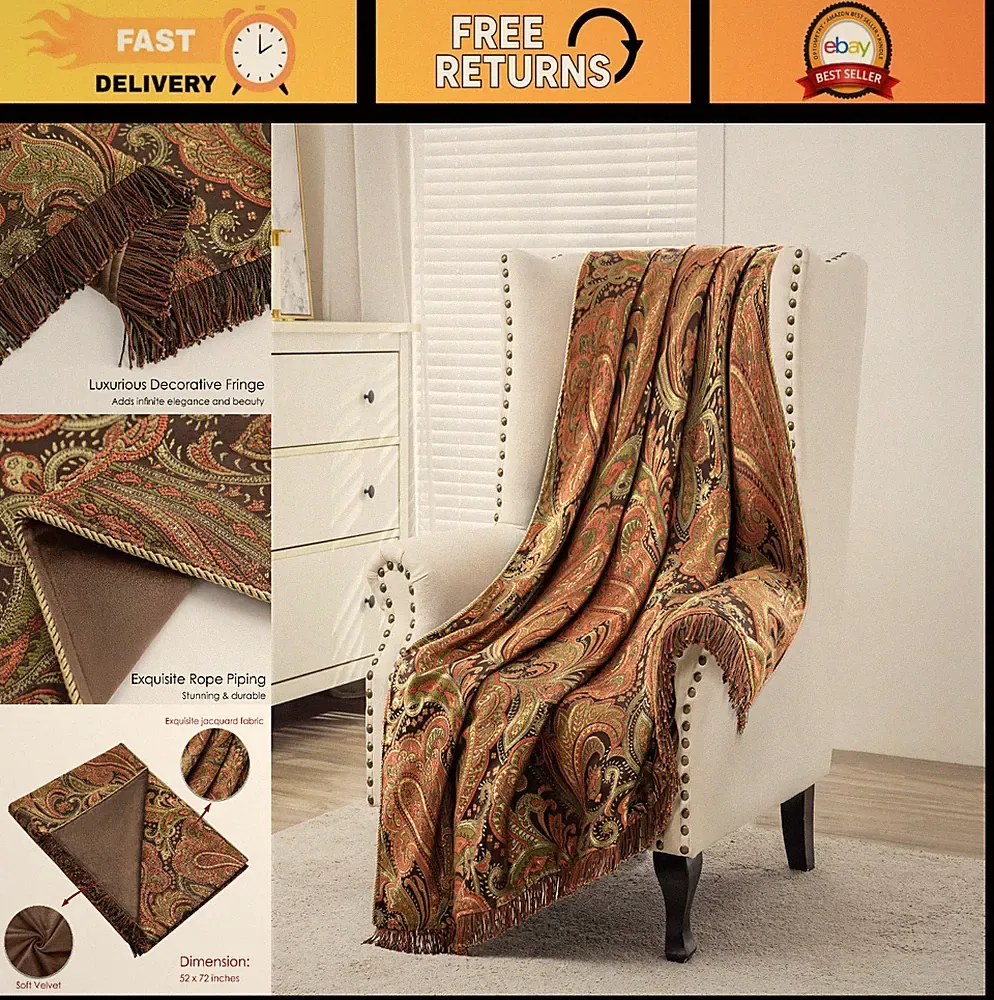 Vintage Damask Throw Blanket, Classic Paisley Design, Soft Velvet Lined, 52"x72