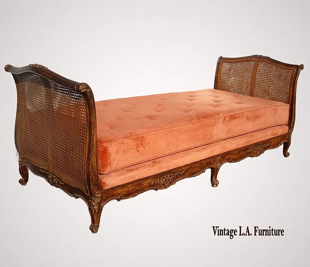 Vintage French Louis XVI Daybed ~ Cane Bed w Orange Velvet ~ Chaise Lounge
