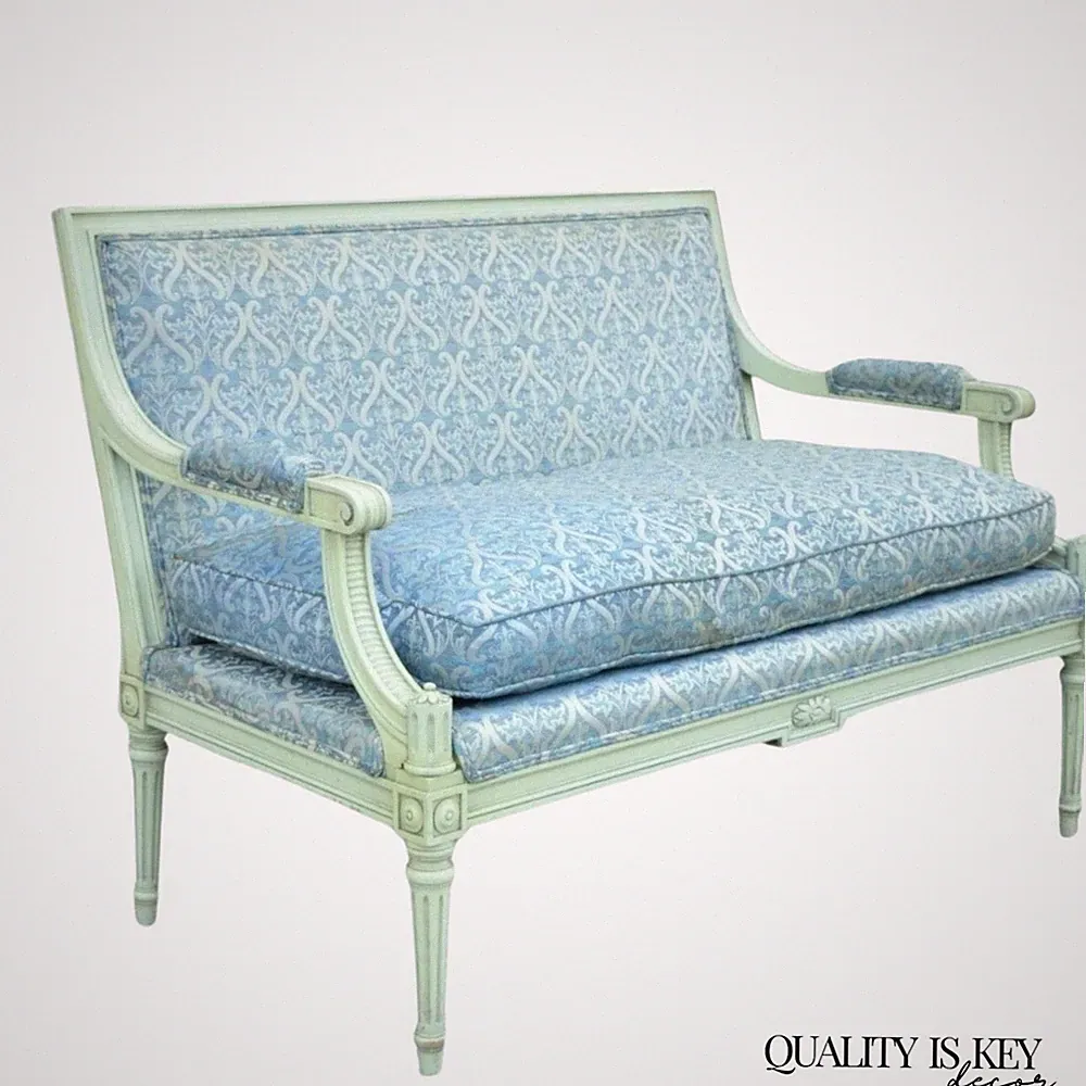 Vintage French Louis XVI Style Hollywood Regency Green Blue Settee Loveseat Sofa