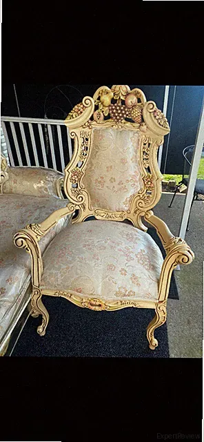 Vintage French Provincial Furniture Set Tufted Damask Couch Chairs Blue White