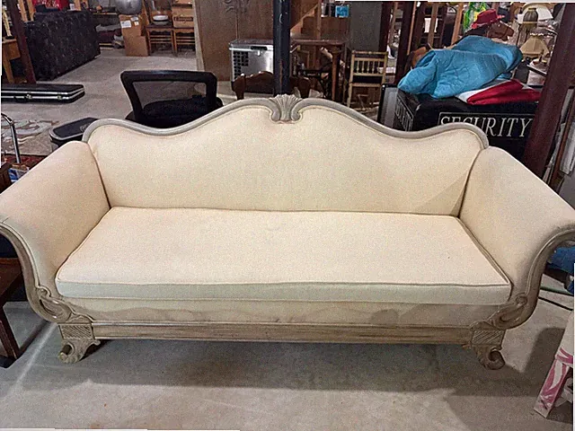 Vintage French Style Settee Sofa Couch - Cream White w/ Gray Wooden Frame