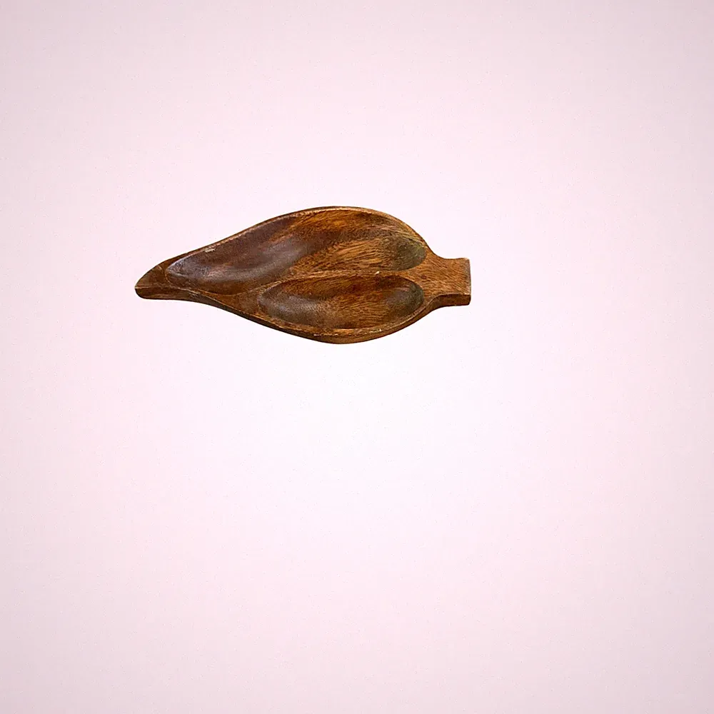 Vintage Hand Carved Acacia Wood Leaf Serving Dish 2 Section Tray Philippines