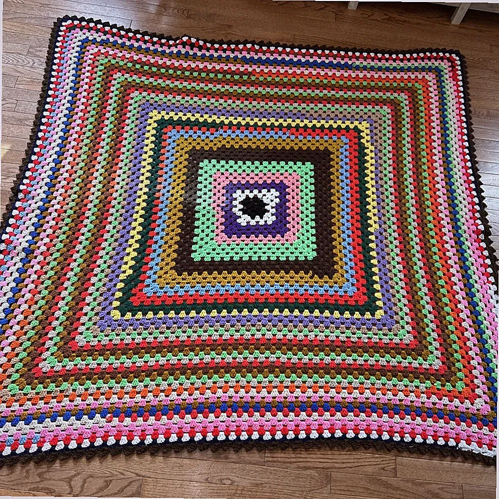 Vintage Hand Crocheted Afghan Blanket Striped Retro Couch Sofa Bed Throw 68 X 65