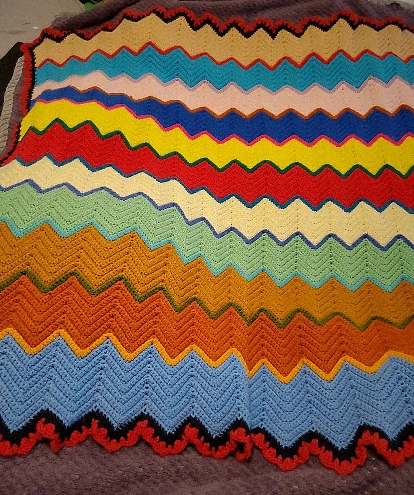 Vintage Handmade Crochet Chevron Afghan Blanket Sofa Bed Throw Multi Colored