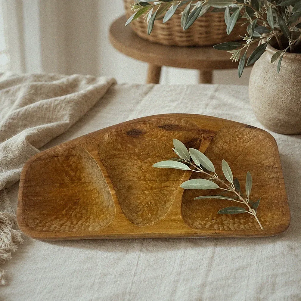 Vintage Handmade Live Edge Wood 3-Section Serving Tray Rustic Boho Charcuterie