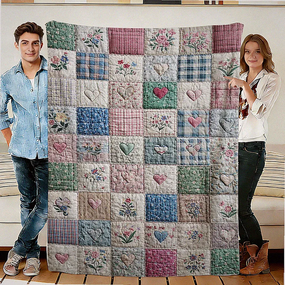 Vintage Heart Flower Plaid Flannel Blanket Soft Cozy Throw for Couch, Sofa, Bed