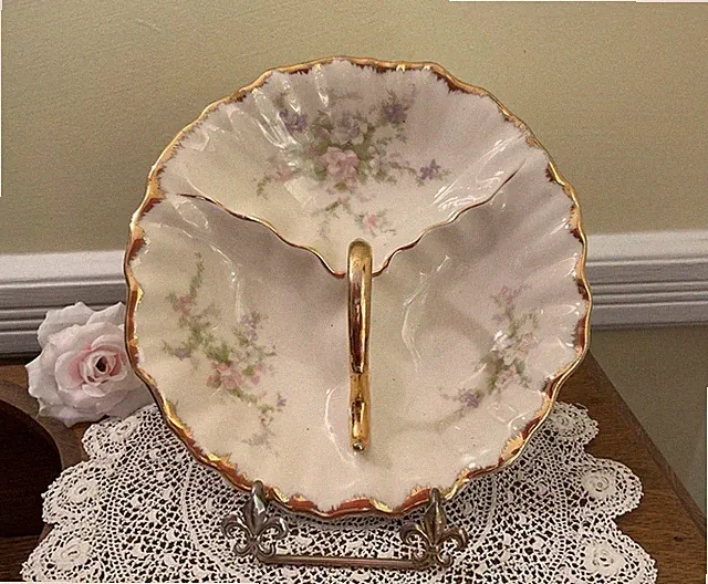 Vintage Heavy Porcelain 3 Section Divided Candy Nut Dish Pink Floral Gold Trim