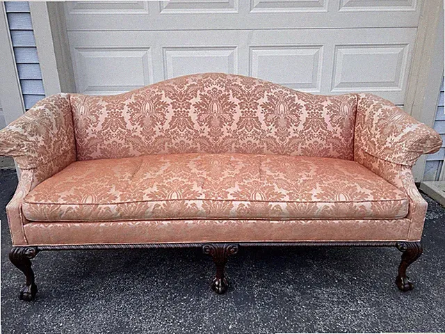 Vintage Hickory Peach Orange Chippendale Style Sofa W/ Mahogany Ball & Claw Feet