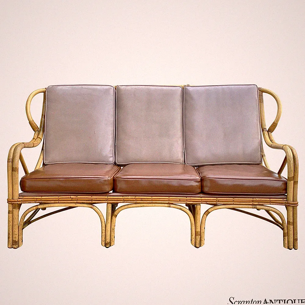 Vintage Hollywood Regency Boho Rattan Sculpted Settee Loveseat Sofa