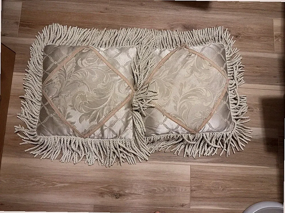 Vintage Hollywood Regency Damask Pillows with Thick Bullion Fringe - 16"x16"