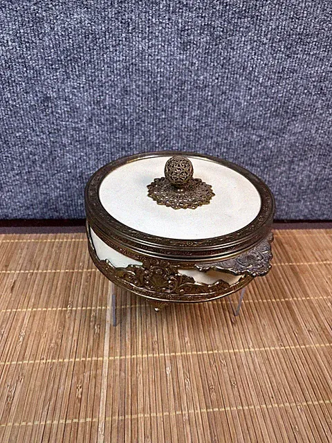 Vintage Hollywood Regency Filigree Trinket Box Glass 3-Section Candy Dish Gold