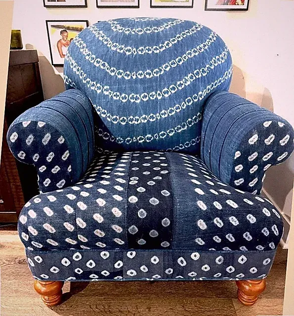 Vintage Indigo Accent Chair African Blue upholstered Sofa Antique Hand Carved