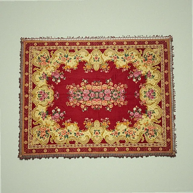 Vintage Italian Velvet Bedspread Rug 1970s Red Gold Floral Tapestry Fringe