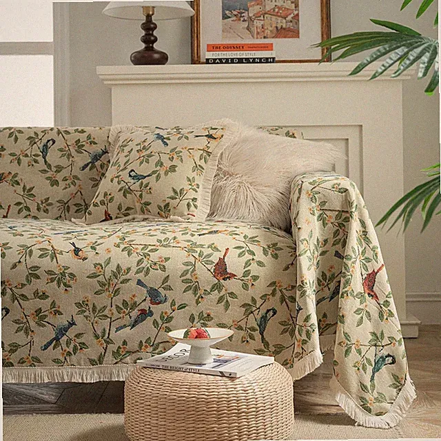 Vintage Jacquard Sofa Covers for Sectional Sofa Bird Pattern Fringe Couch Cov...