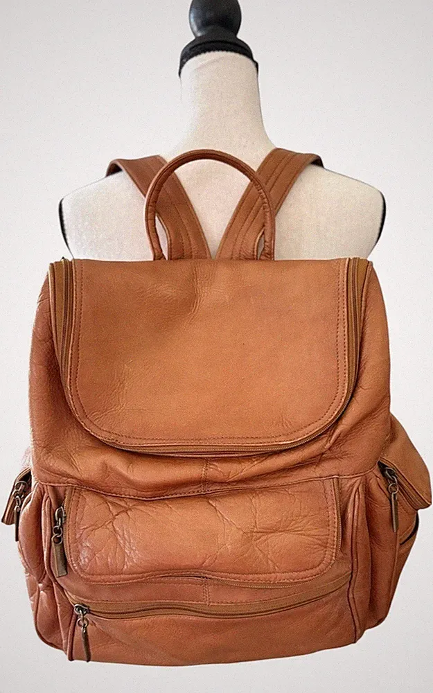 Vintage Leather Backpack Multiple Pockets Laptop Section Measures 14 x 12 x 5