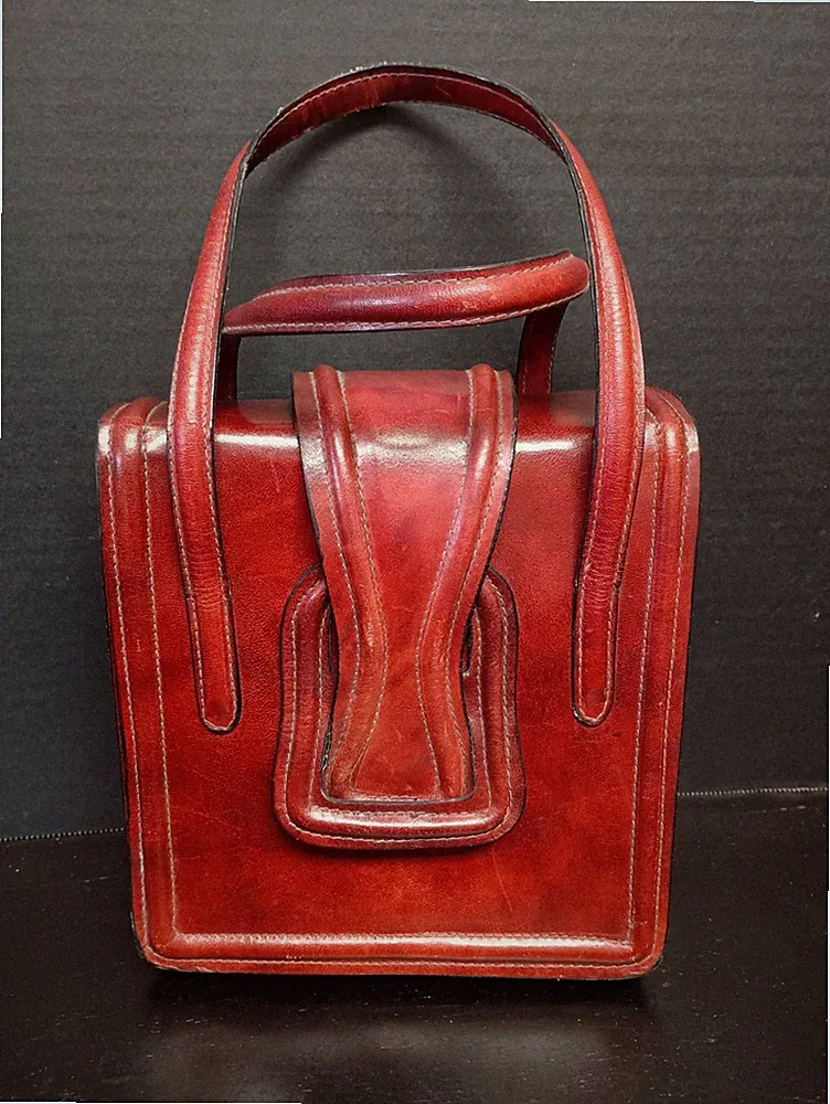 Vintage Leather Small Messenger Tote Multi Section Cognac Double Handle