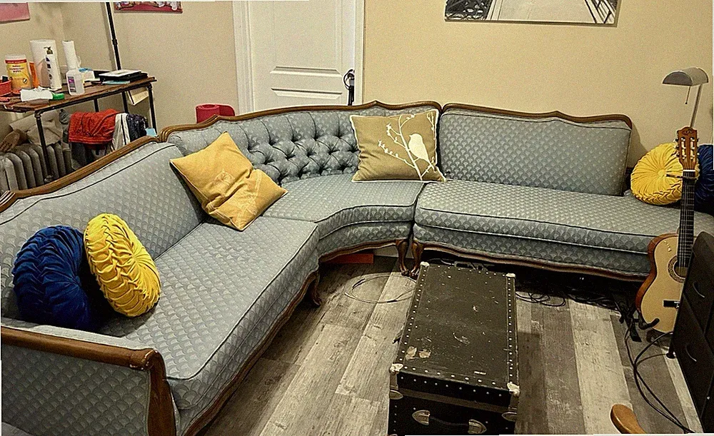 Vintage LightBlue Patterned Sectional Sofa 100% Cotton detailed Wood Frame