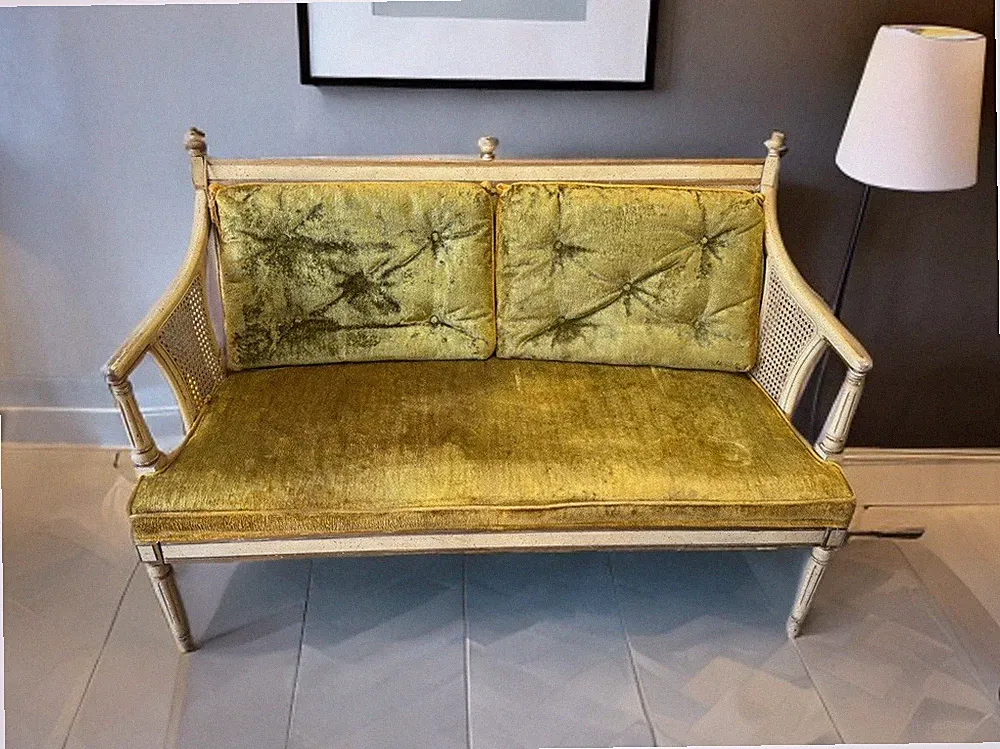 Vintage Louis XVI Hollywood Regency Settee Gold Green Velvet Cane Sofa READ