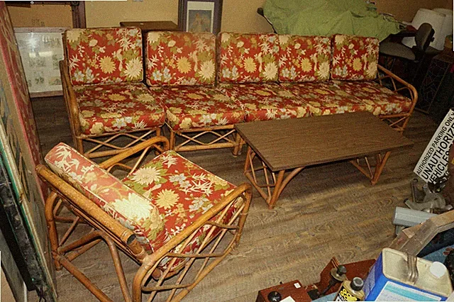 Vintage MCM 7 Piece 1950's Calif-Asia Rattan Bamboo Sectional Sofa Chair & Table