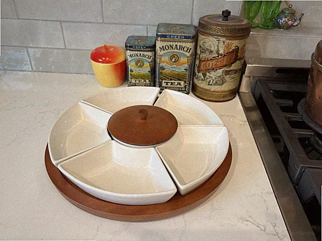 Vintage MCM Wood & Ceramic Japan Serving Tray With Divided Sections, Gorgeous!