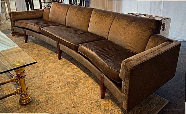 Vintage Mid Century Modern 10 Ft Curved Sofa Steel Blue Velvet MCM Statement