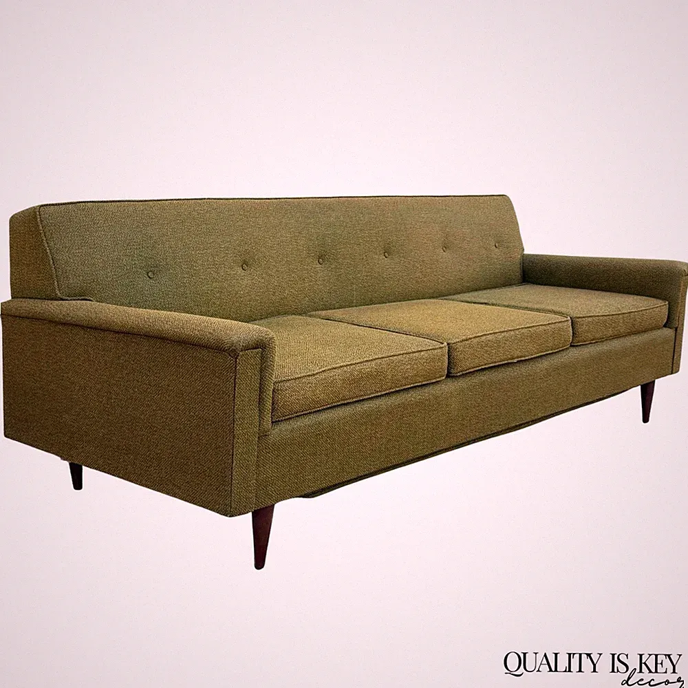Vintage Mid Century Modern Greenish Brown Tufted 82" Sofa Couch w/ Walnut Legs