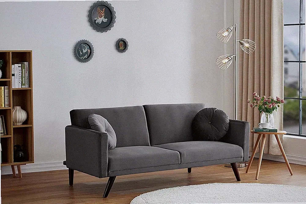 Vintage Modern Retro Style Velvet Living Room Futon Sofa Bed, 72", Grey