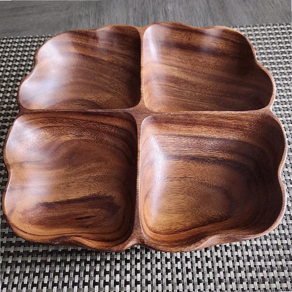 Vintage Monkeypod Square Wood Serving Dish 4 Sections Appetizer Tray