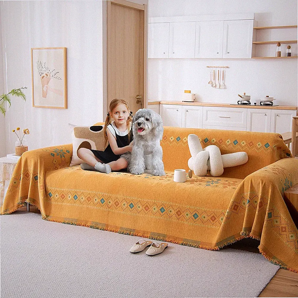Vintage Orange Boho Chenille Sofa Cover for 3 Cushion Couch - Washable 71"x134