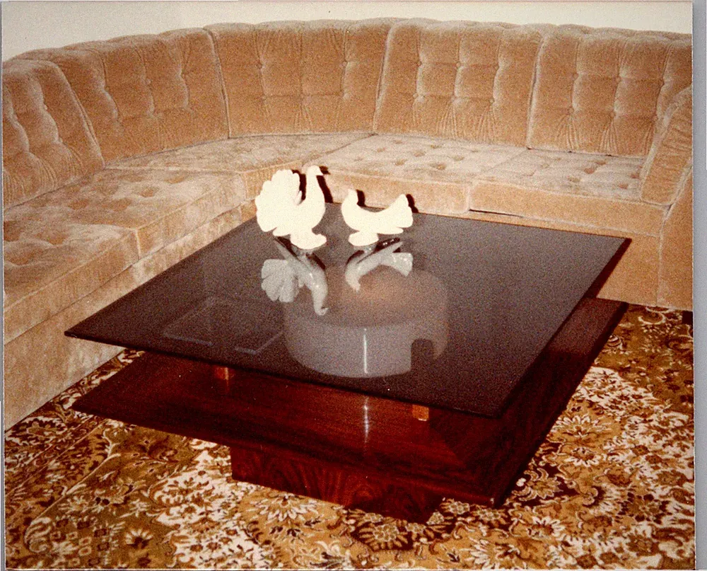 Vintage Photo Living Room Interior Sectional Sofa Glass Coffee Table 1970s