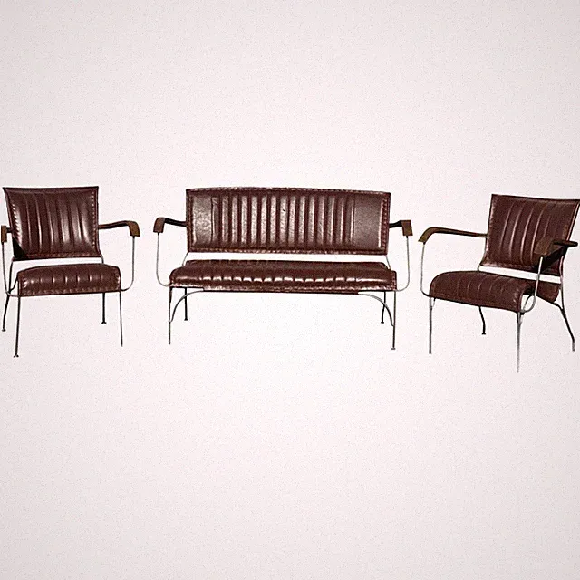 Vintage Real Saddle Leather Couch Set - Minimalist Saddle Sofa & Two Armchairs