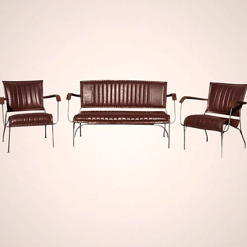 Vintage Real Saddle Leather Couch Set - Minimalist Saddle Sofa & Two Armchairs