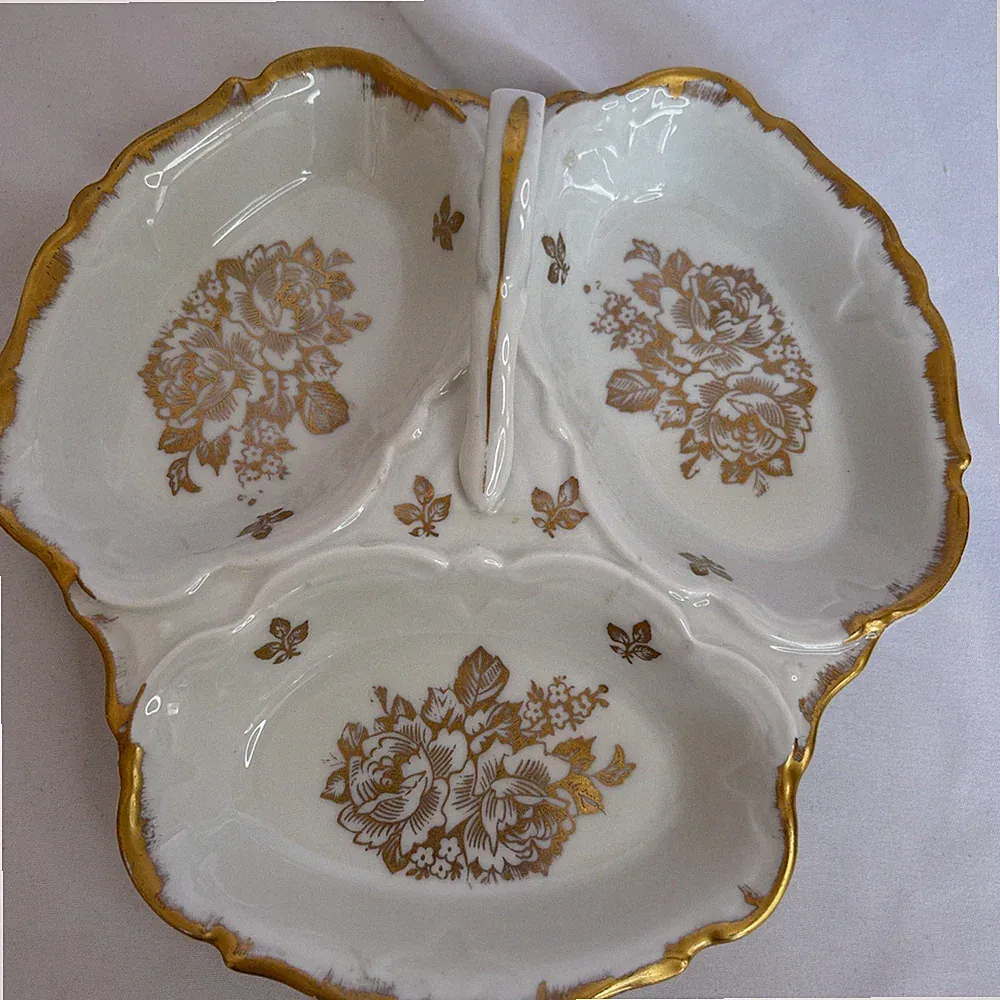 VINTAGE REVOL FRENCH PORCELAIN GOLD/WHITE 3 Sectioned Handled Serving Dish.