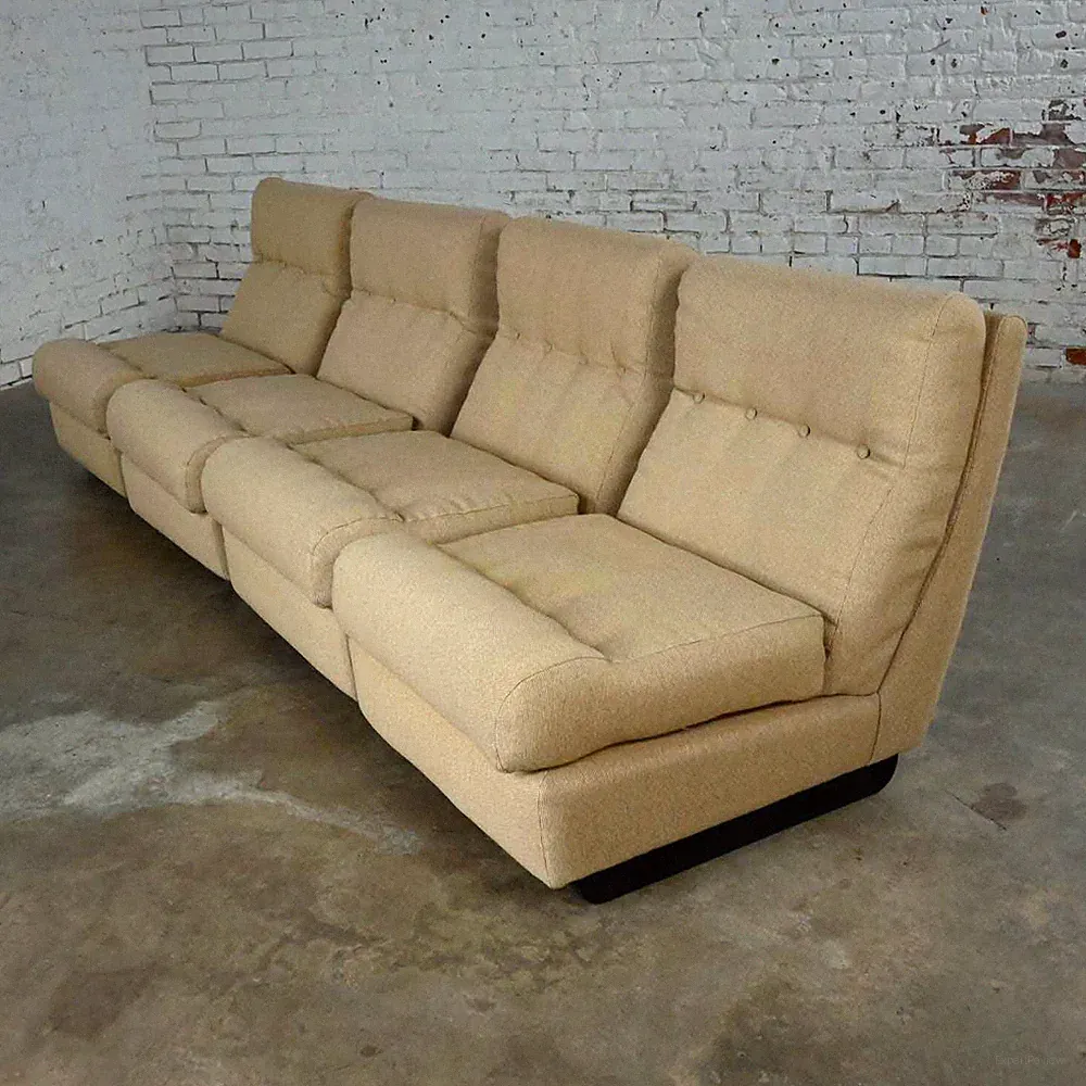 Vintage Scandinavian Modern Khaki Hopsacking 4 Piece Modular Sofa Made in Sweden