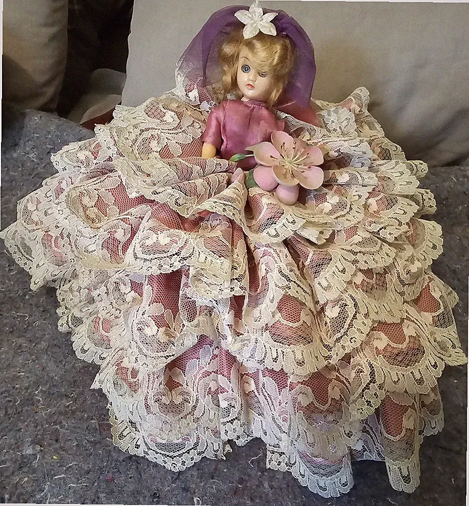 Vintage sofa/bed doll with lace dress hand made EUC