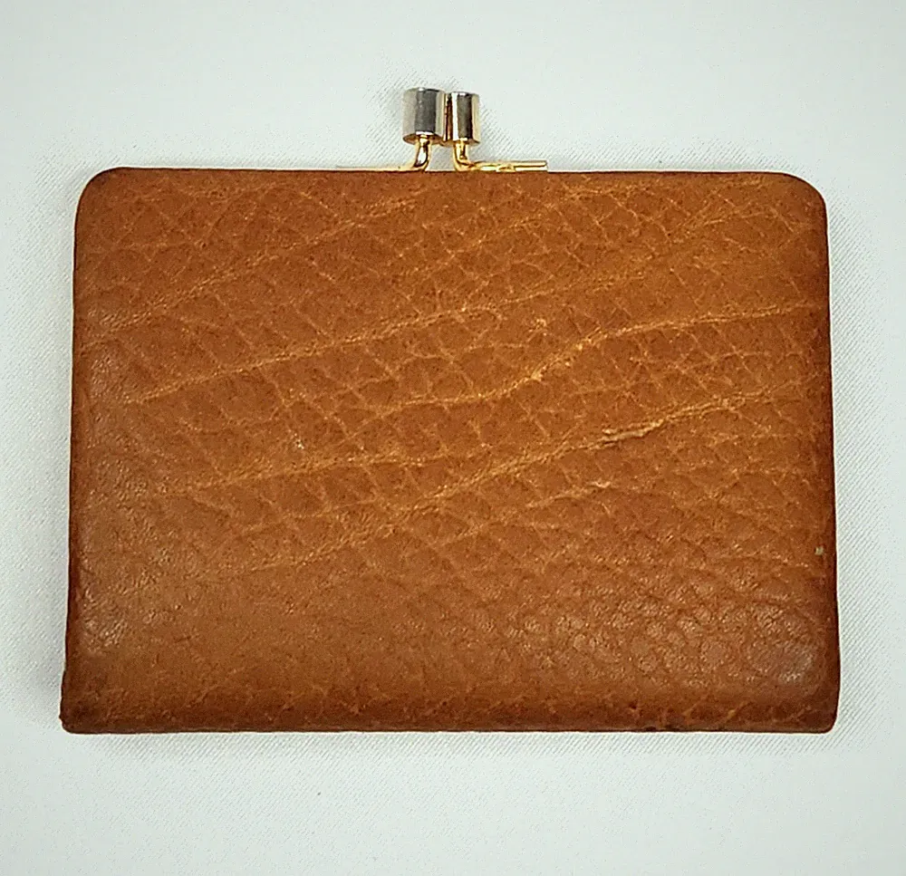 Vintage Spain Brown Pebble Leather Gold Frame Kiss Lock Coin Purse 2 Sections