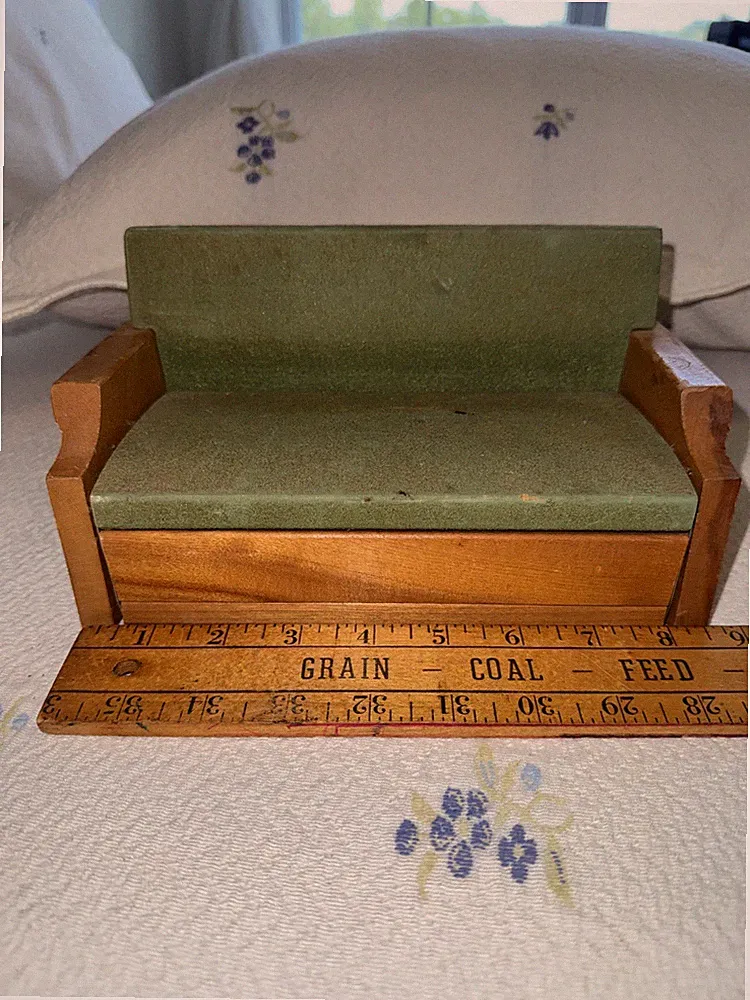 Vintage Strombecker Doll Furniture Wooden Green Sofa Bed Couch